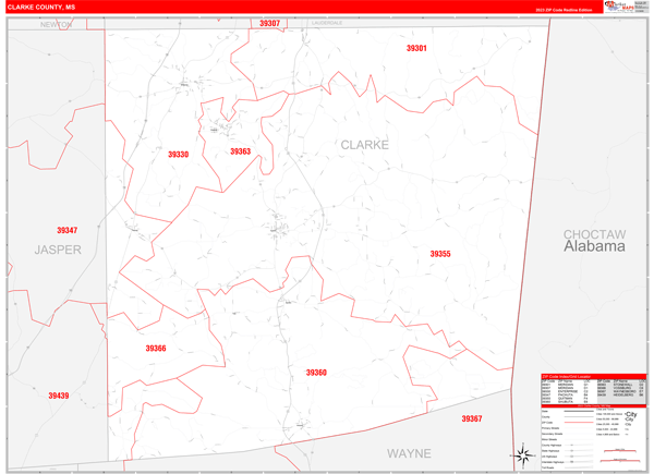 Clarke County, MS Wall Map Red Line Style