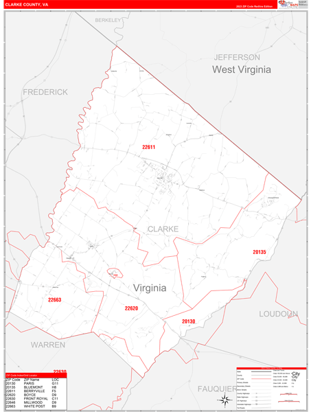 Clarke County, VA Wall Map Red Line Style
