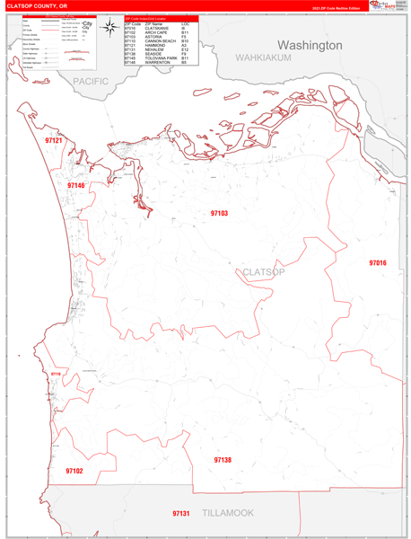 Clatsop County, OR Wall Map Red Line Style