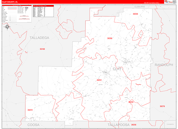 Clay County, AL Wall Map Red Line Style
