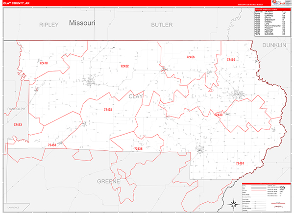 Clay County, AR Wall Map Red Line Style