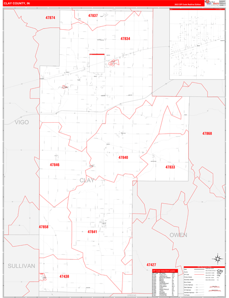 Clay County, IN Wall Map Red Line Style