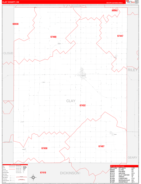 Clay County, KS Wall Map Red Line Style