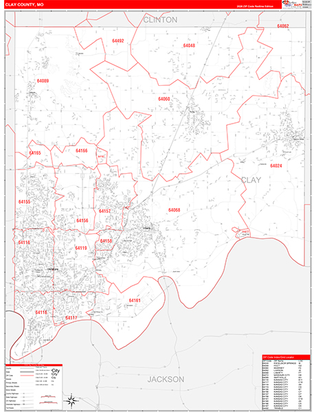 Clay County, MO Wall Map Red Line Style