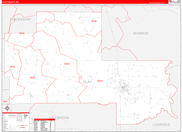 Clay County, MS Zip Code Map