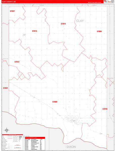 Clay County, SD Wall Map Red Line Style