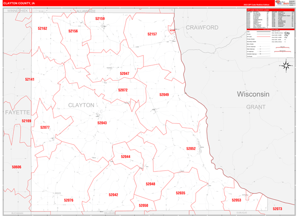 Clayton County IA Zip Code Wall Map Red Line Style by MarketMAPS 