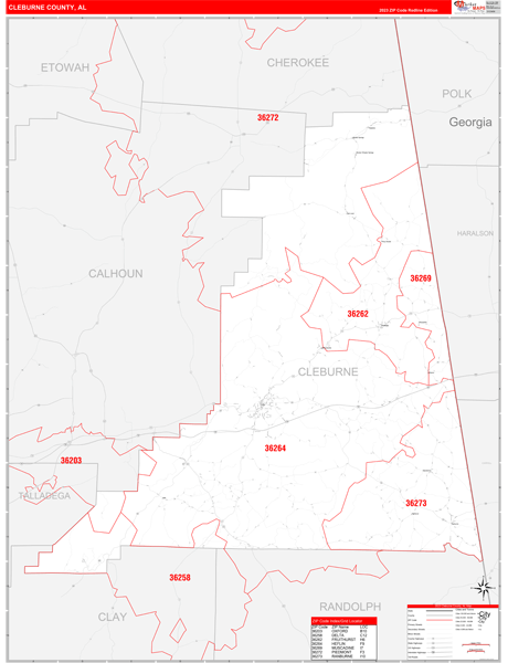 Cleburne County, AL Wall Map Red Line Style