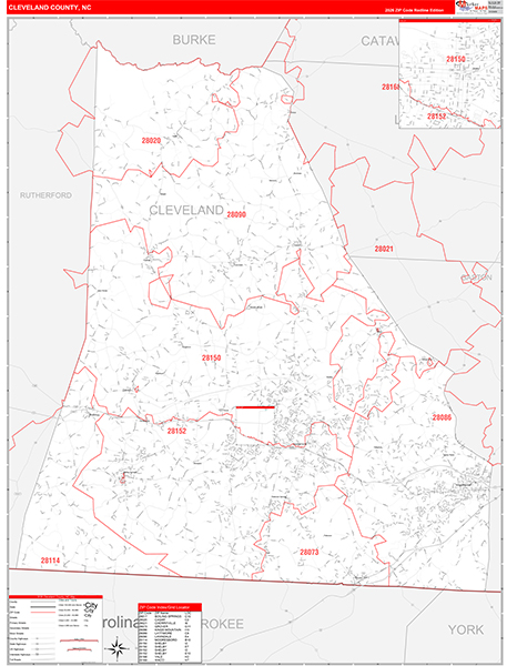 Cleveland County, NC Wall Map Red Line Style