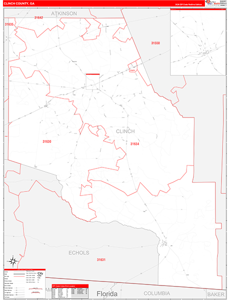 Clinch County, GA Wall Map Red Line Style