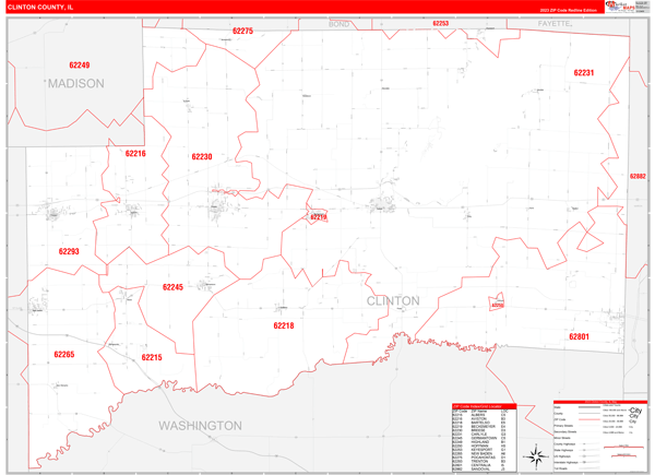 Clinton County, IL Wall Map Red Line Style