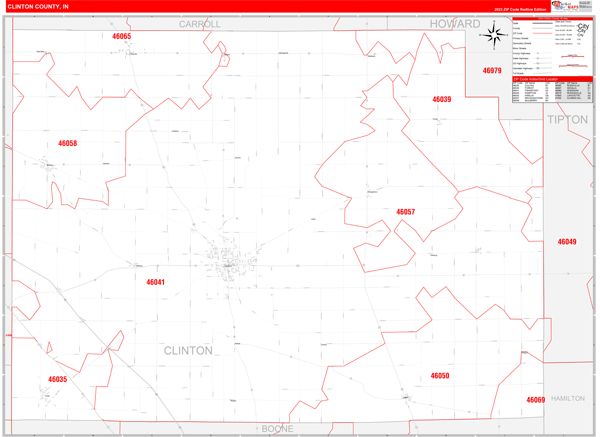 Clinton County, IN Wall Map Red Line Style