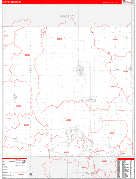 Clinton County, MI Wall Map Red Line Style