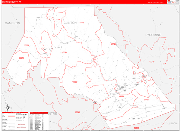 Clinton County, PA Wall Map Red Line Style