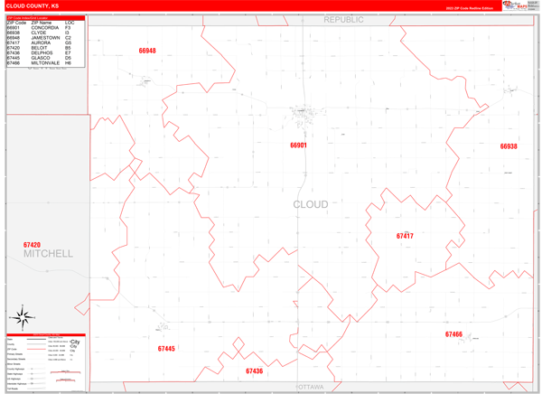 Cloud County, KS Wall Map Red Line Style
