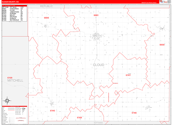 Cloud County, KS Zip Code Wall Map