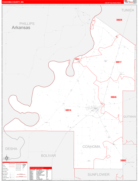 Coahoma County, MS Wall Map Red Line Style