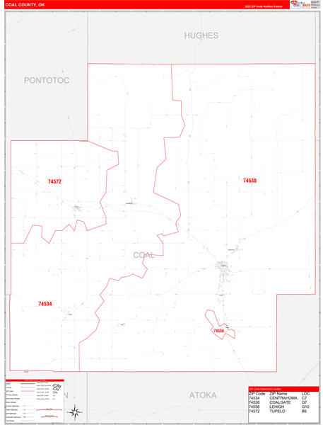 Coal County, OK Wall Map Red Line Style