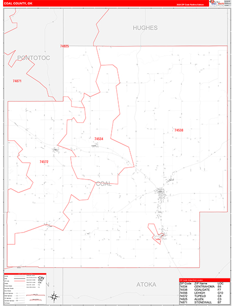 Coal County, OK Wall Map Red Line Style