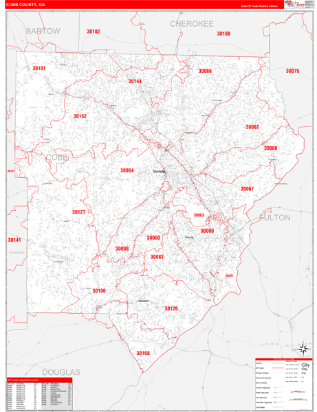 Cobb County Ga Zip Code Wall Map Red Line Style By Marketmaps
