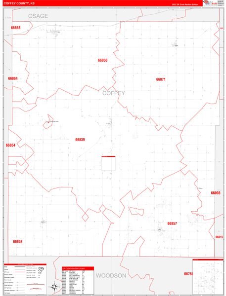 Coffey County, KS Wall Map Red Line Style