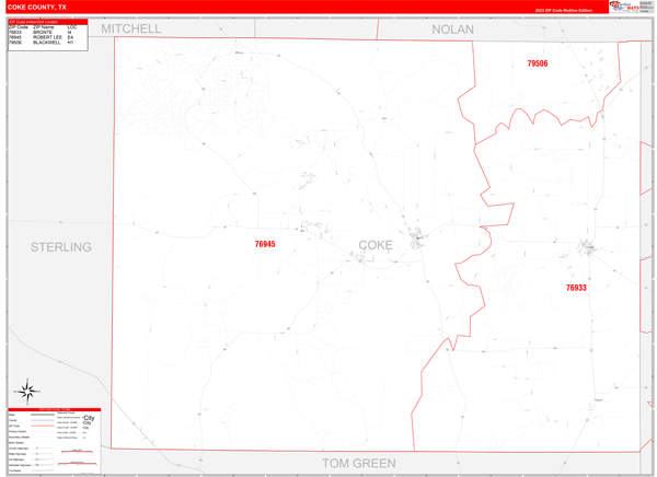 Coke County, TX Wall Map Red Line Style