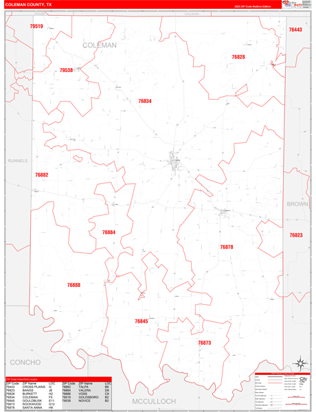 Coleman County, TX Wall Map Red Line Style