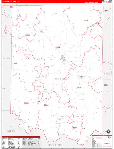 Coleman County, TX Zip Code Wall Map