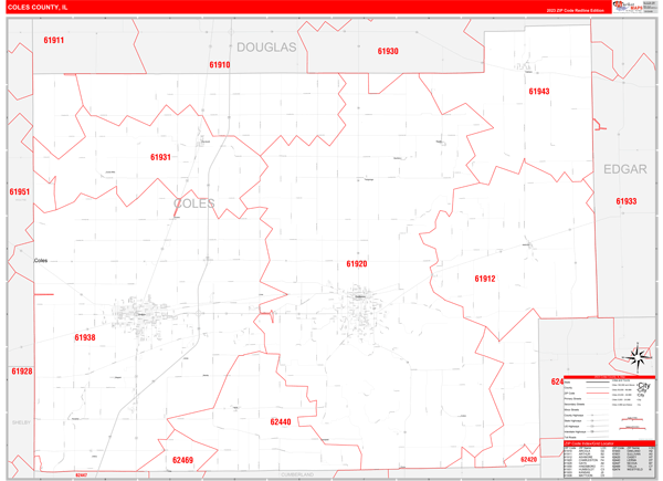 Coles County, IL Wall Map Red Line Style