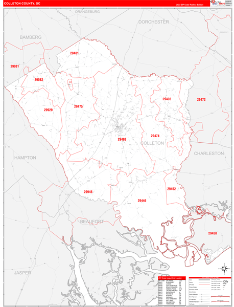 Colleton County, SC Wall Map Red Line Style