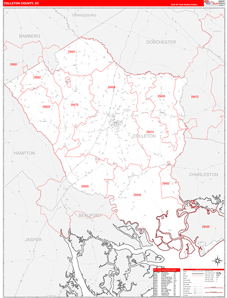 Colleton County Wall Map Red Line Style