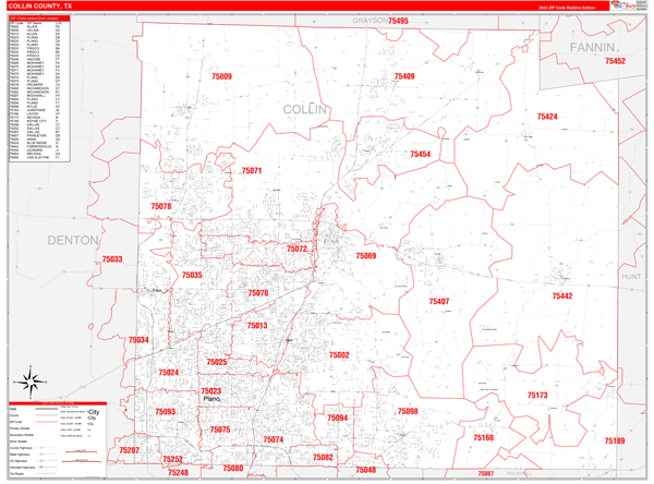 Collin County, TX Wall Map Red Line Style