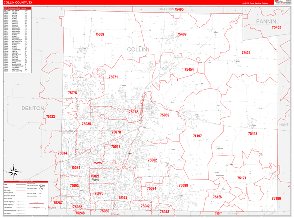 Collin County, TX Map Red Line Style