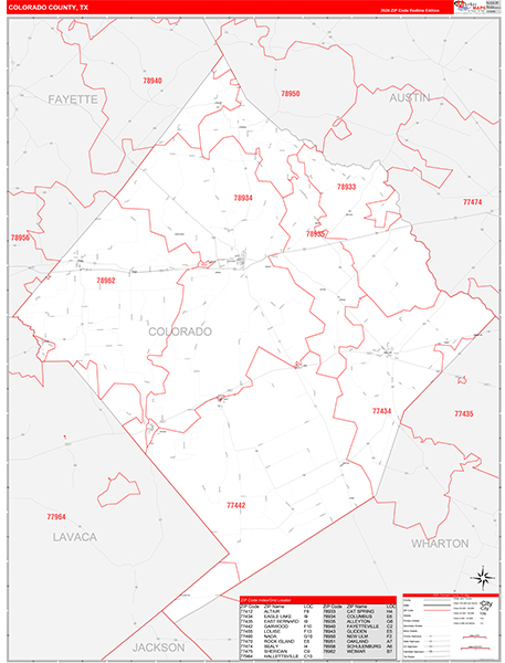 Colorado County, TX Wall Map Red Line Style