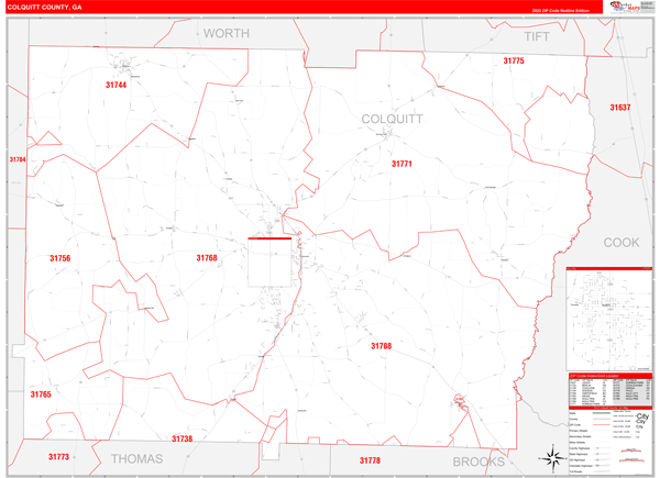 Colquitt County, GA Wall Map Red Line Style