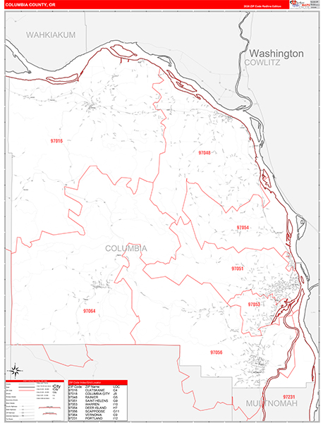 Columbia County, OR Wall Map Red Line Style