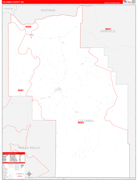 Columbia County, WA Wall Map Red Line Style