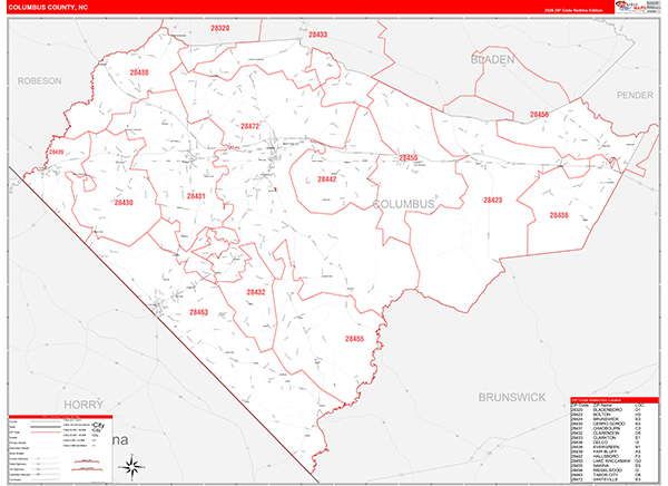 Columbus County, NC Wall Map Red Line Style