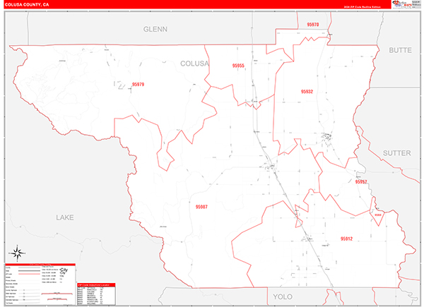 Colusa County, CA Map Red Line Style