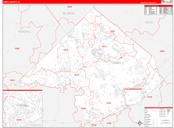 Comal County, TX Wall Map Red Line Style