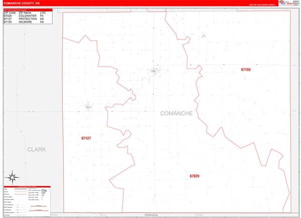 Comanche County, KS Wall Map Red Line Style