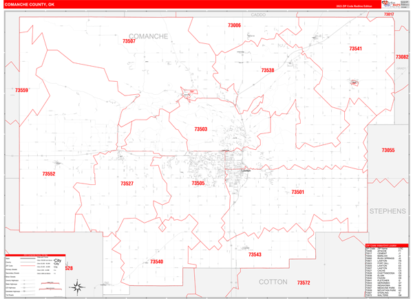 Comanche County, OK Wall Map Red Line Style