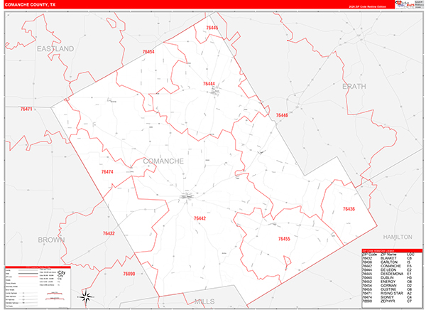 Comanche County, TX Wall Map Red Line Style