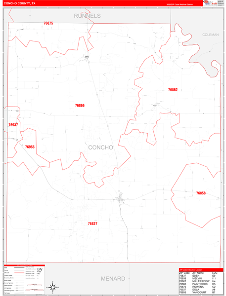 Concho County, TX Zip Code Wall Map
