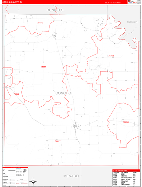 Concho County, TX Wall Map Red Line Style