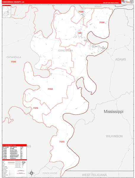 Concordia County, LA Zip Code Map