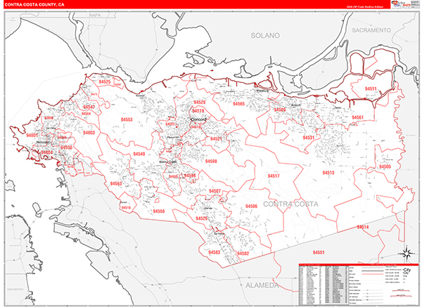 Contra Costa County, CA Zip Code Wall Map Red Line Style by MarketMAPS ...
