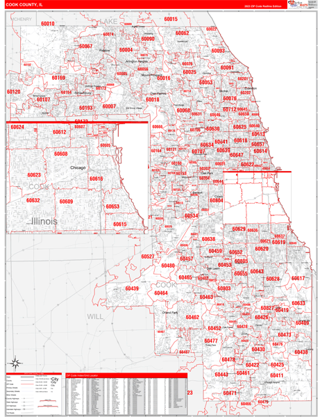Cook County IL Zip Code Wall Map Red Line Style By MarketMAPS MapSales