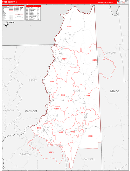 Coos County, NH Zip Code Wall Map