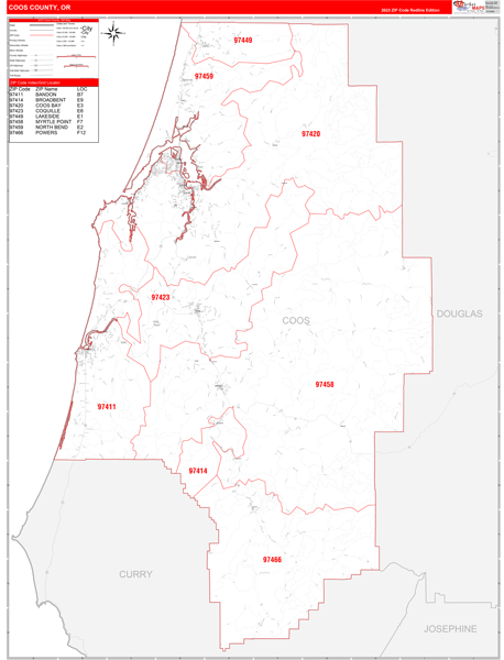 Coos County, OR Zip Code Wall Map
